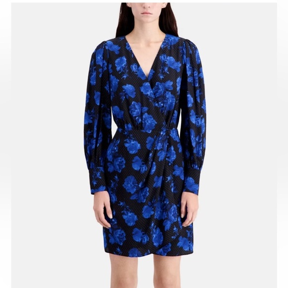 The Kooples Silk Wrap Dress NWT | Size small | Black & Blue Floral - Picture 1 of 14